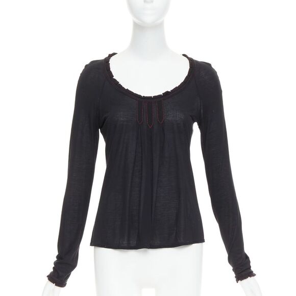 GUCCI 2006 Vintage black red overstitch nylon modal scoop neck plisse top M